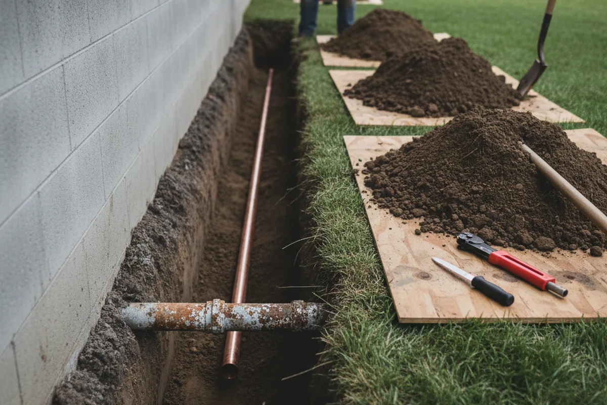 Excavated water line trench during Water Heater Repair in Southbury